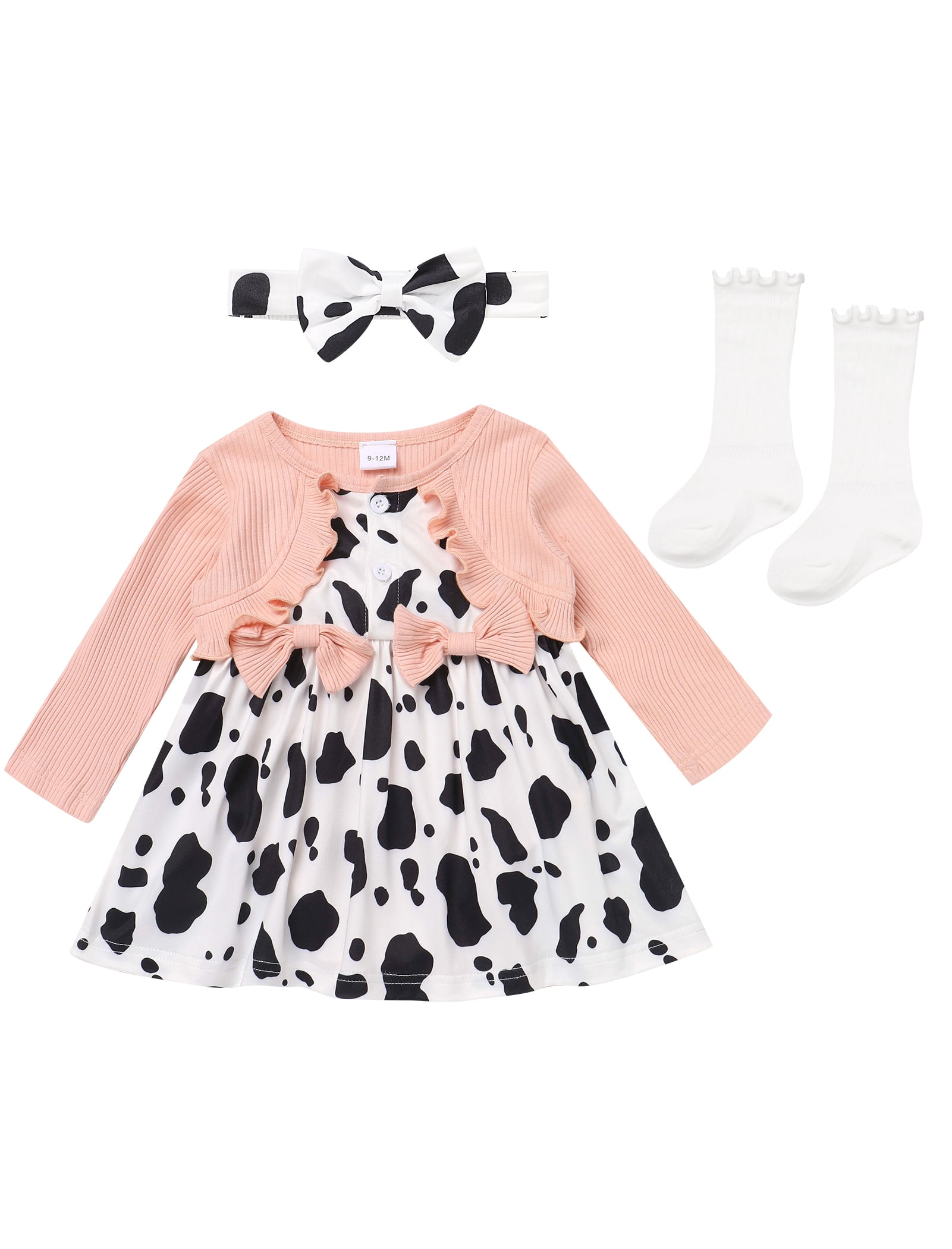 IWEMEK Baby Girls Dresses Cow Print Crew Neck Long Sleeve Romper Comfort Casual Fall Outfits Size 12-18M