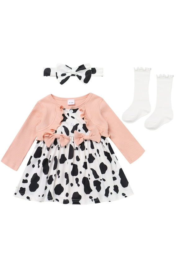 Baby Girls Dresses Cow Print Crew Neck Long Sleeve Romper Comfort Casual Fall Outfits Size 12-18M