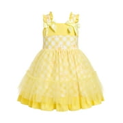 IWEMEK Baby Girls Sundress Chic Yellow Plaid Birthday Dresses Flower Sheer Tutu Ruffle Sleeveless Clothing Size 2-3Y