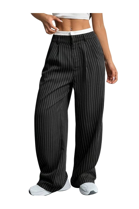 Black Pants for Women Striped Loose Straight Leg Pants Semi Formal Office Long Trousers with Pockets Size L