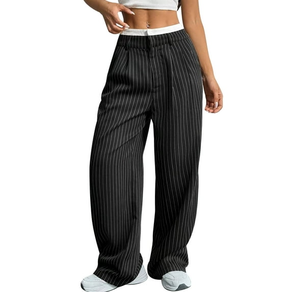 IWEMEK Black Pants for Women Striped Loose Straight Leg Pants Semi Formal Office Long Trousers with Pockets Size M