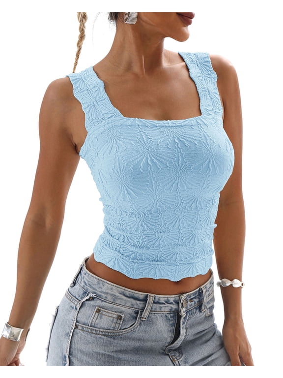 Casual Tops for Women Solid Blue Fashion Tees Floral Knitted Slim Tank Tops Breathable Sleeveless Tshirts