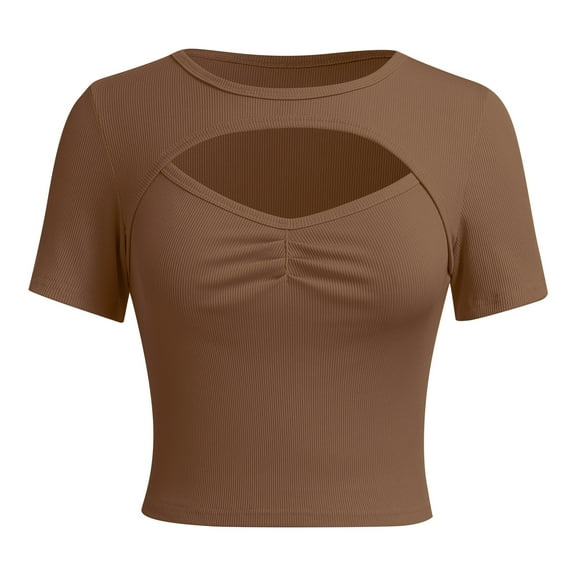 IWEMEK Crop Tops for Women Round Neck Keyhole T-shirt Plain Brown Casual Dressy Summer Tees Tight Fit Clothing 2025
