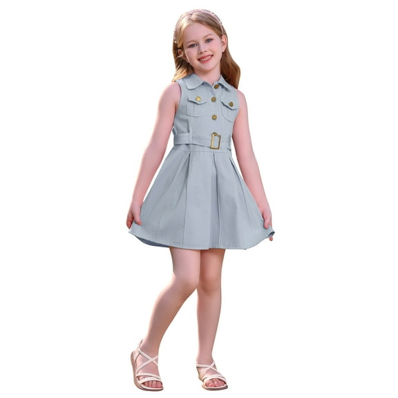 IWEMEK Denim Dress for Girls Western Blue Jean Dresses with Belted Button Up Sleeveless Casual Sundress Size 2-3Y