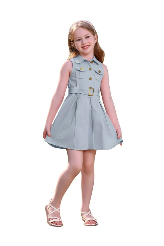 Denim Dress for Girls Western Blue Jean Dresses with Belted Button Up Sleeveless Casual Sundress Size 2-3Y