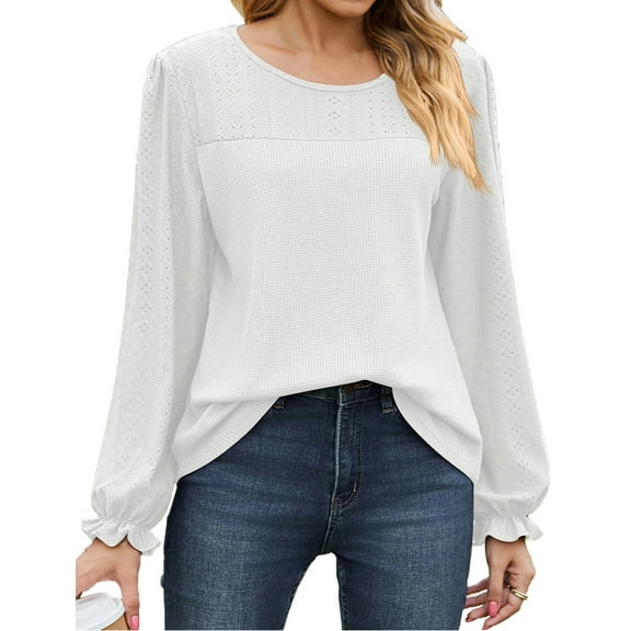 IWEMEK Fall Tops for Women Casual Loose Fit Long Sleeve Tshirts Crew Neck Solid White Tees Comfort Waffle Blouse Size M
