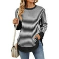thumbnail image 1 of IWEMEK Fall Tops for Women Color Block Round Neck Long Sleeve Striped Tunic T-Shirts, 1 of 8