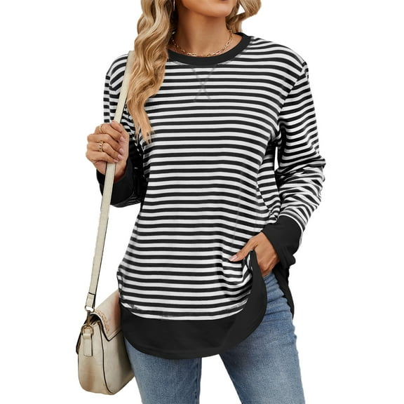 IWEMEK Fall Tops for Women Color Block Round Neck Long Sleeve Striped Tunic T-Shirts