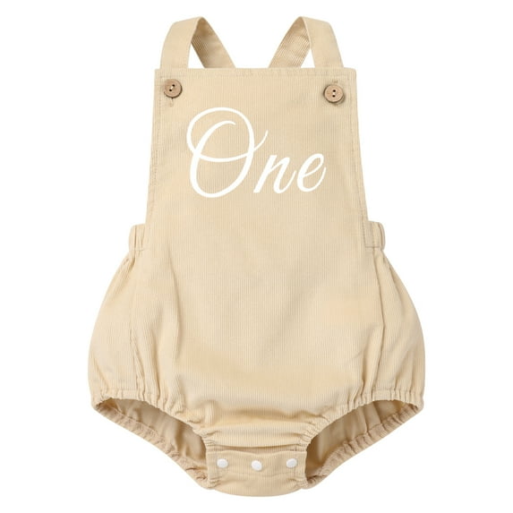 IWEMEK First Birthday Outfit Summer Toddler Baby Unisex Bubble Romper Khaki Comfy Corduroy Cowboy Bodysuit 1PC 6-12M