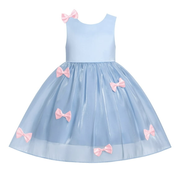 IWEMEK Flower Girls Dress V-Back Satin Ball Gown Bowknot Sleeveless Ruffle Tulle Pageant Dresses Blue Size 5-6T