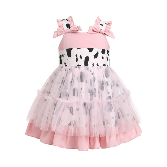 IWEMEK Girl Dresses Bow Knot Cow Pattern Pink Party Dress Fashion Chic Princess Cuteness Outfits Comfy Leisure Clothes