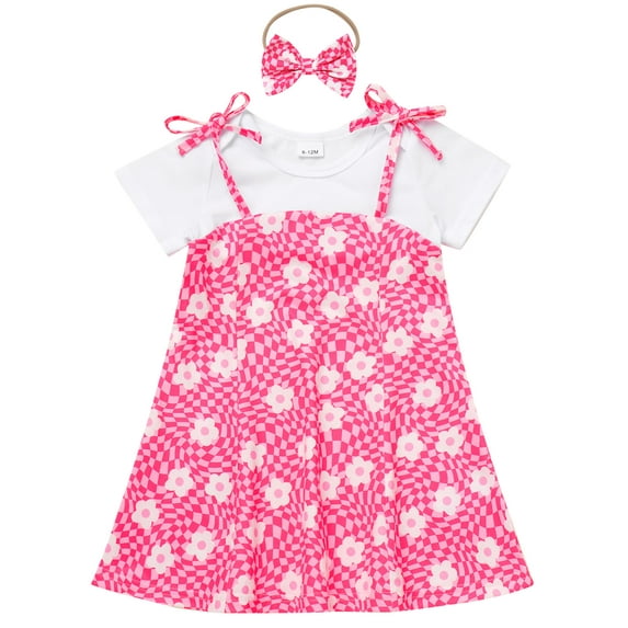 IWEMEK Girl Dresses Crew Neck Bohemian Outfits Chic Floral Printed Loose Fake White T Shirt Dress with Headband