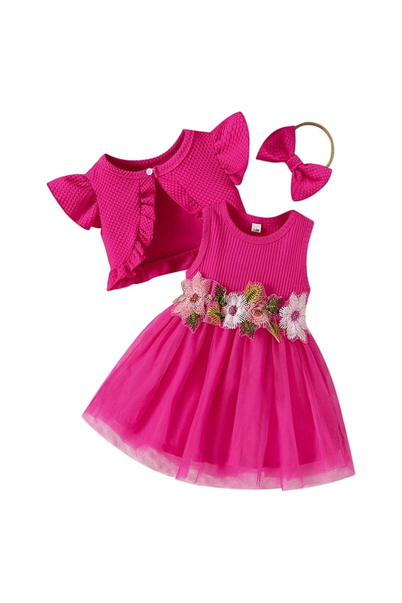 Girl's Dresses 3PCS Fashion Trendy Spring Set Plain Rose Red Layered Tulle Dress Leaf Flower Print Chic Clothes