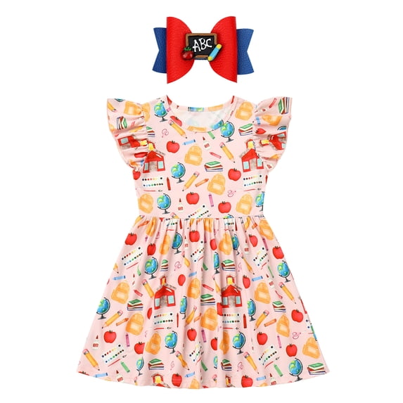 IWEMEK Girl's Dresses Round Neck Comfort Color Casual Dress Flutter Sleeve Dressy Fashion Outfit Girls Party Dress 4T-7T
