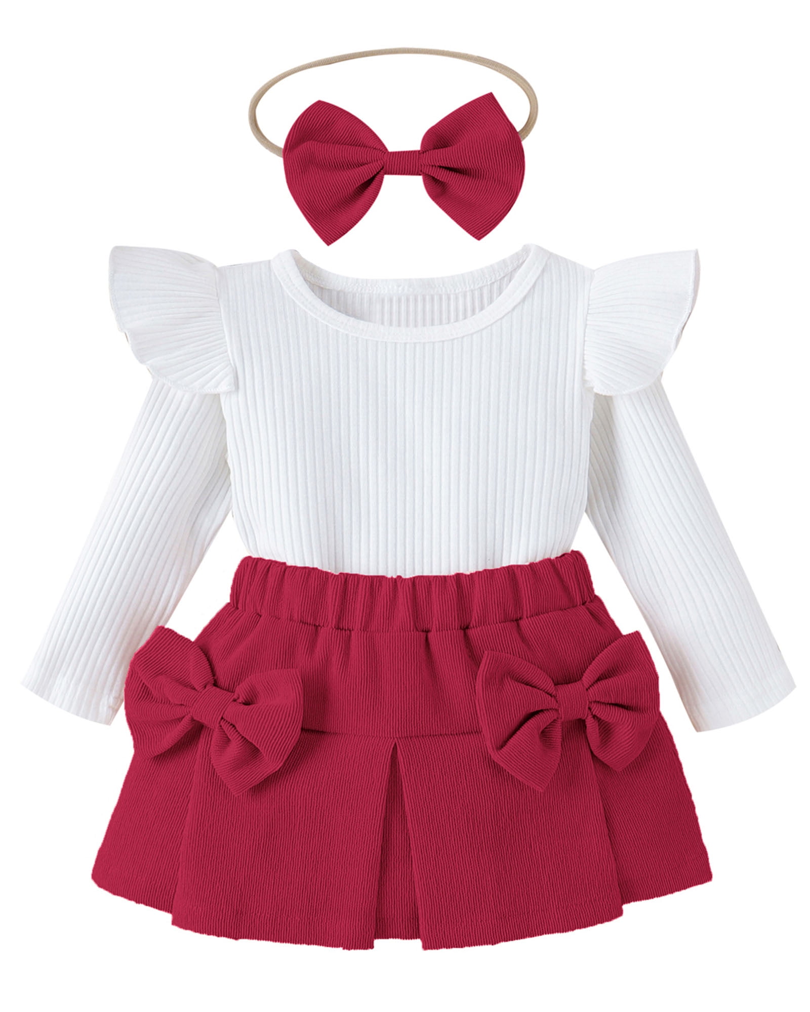 IWEMEK Girl's Fall Winter Clothes Casual Trendy Long Sleeve Ruffle Tshirt Red Mini Skirt Family Photo Autumn Suit 1-2T