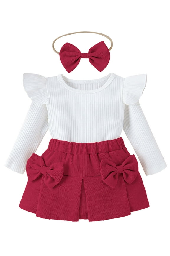 Girl's Fall Winter Clothes Casual Trendy Long Sleeve Ruffle Tshirt Red Mini Skirt Family Photo Autumn Suit 1-2T