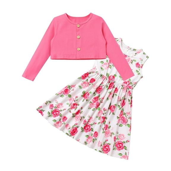 IWEMEK Girls Dress Casual Fall Cute Dresses Pink Long Sleeve Short Jacket Rose Floral Print Spring Sleeveless Dress 2pcs