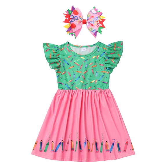 IWEMEK Girls Dress Short Sleeve Crew Neck Color Block Dresses Pencil Printed Daily Cuteness Sundress Summer Outfits 4Y-7Y