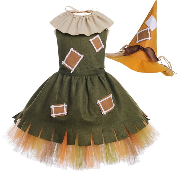 IWEMEK Girls Dresses Children Stylish Costumes Party Props Pointed Hat Patch Pretty Mesh Sun Green Cosplay Suit