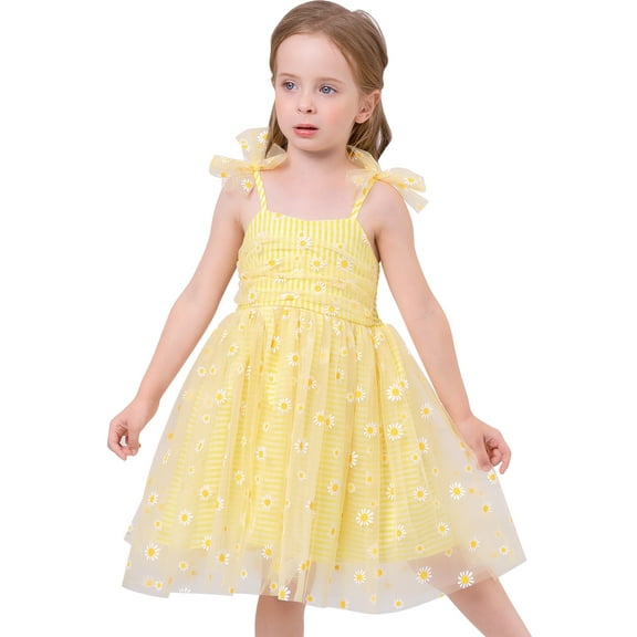 IWEMEK Floral Dresses for Little Girls Casual Sling Lace Dress Graduation Rave Daisy Yellow Plaid Sundresses 12-18M