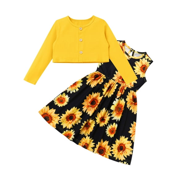 IWEMEK Girls Suit Leisure Cute Dress Yellow Crop Jacket Floral Swing Dresses Comfort Crew Neck Sundress Sunflower Outfit