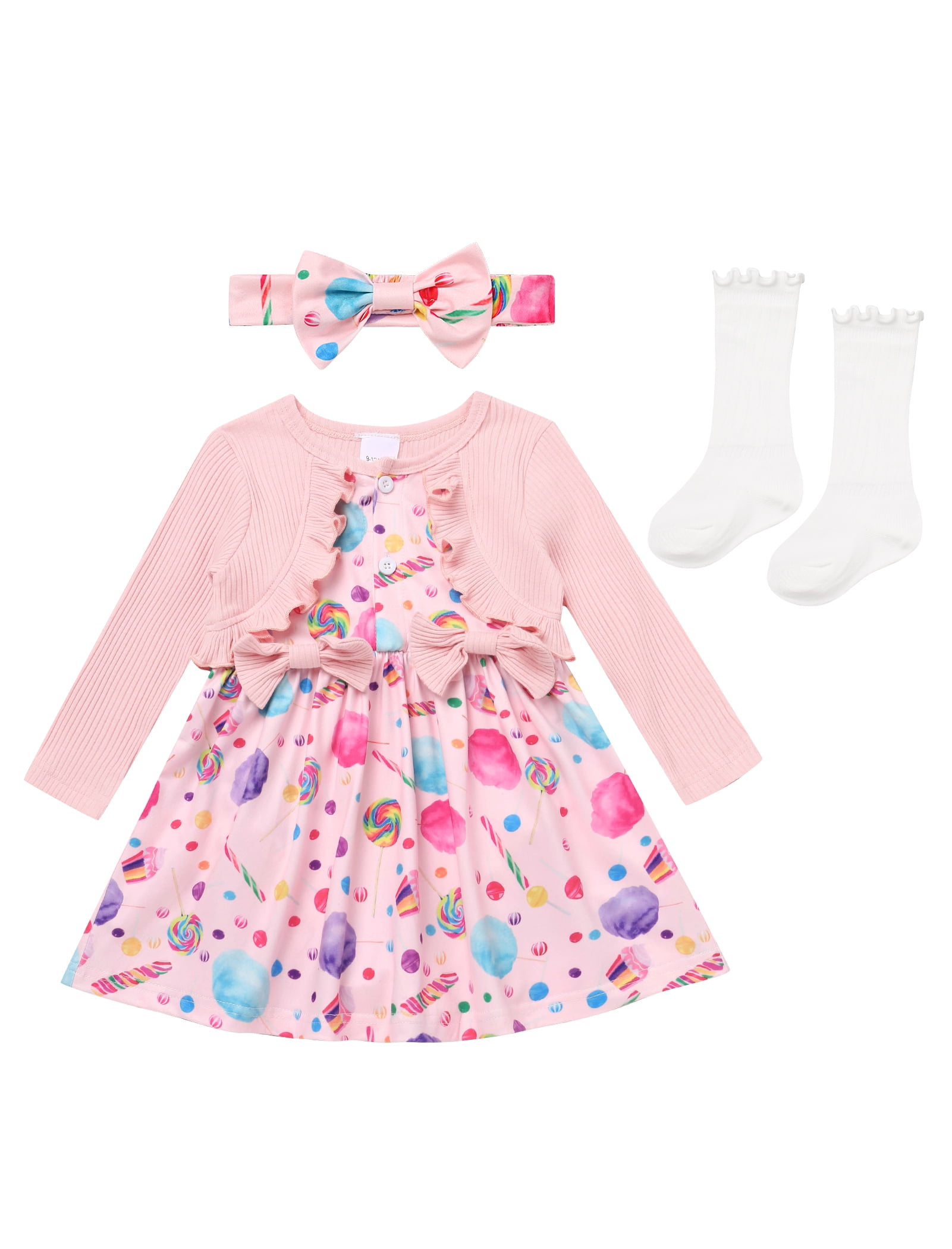 IWEMEK Infant Girl Dress Spring Casual Long Sleeve Outfits Crewneck Candy Bow Cute Romper Size 6M-9M
