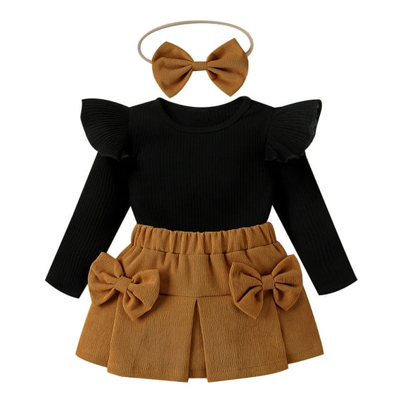 IWEMEK Infant Girls Outfit Winter Ruffle Long Sleeve Knitted Shirts Coffee Bowknot Mini Skirts School Clothes 3-12M