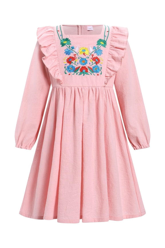 Little Girl's Dress Mexican Ethnic Trendy Princess Long Sleeve Dresses Traditional Embroidery Floral Sundress