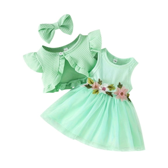 IWEMEK Little Girls Outfits Casual Summer Crewneck Sleeveless Sundress Solid Green Rib Knitted Comfy Party Suits 2025