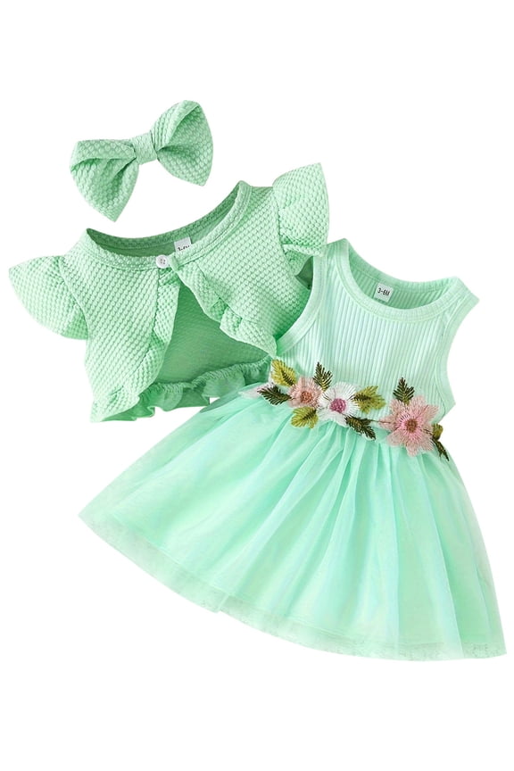 Little Girls Outfits Casual Summer Crewneck Sleeveless Sundress Solid Green Rib Knitted Comfy Party Suits 2025