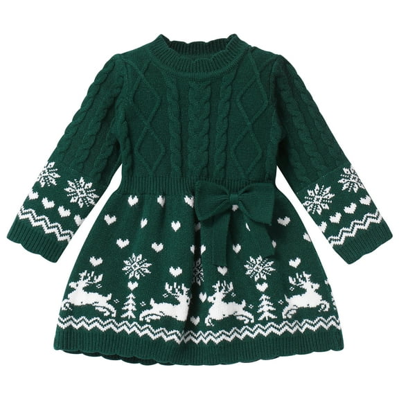 IWEMEK Little Girls Sweater Dress Warm Kintted Casual Fall Green Dresses Reindeer Snowflake Cuteness Outfits 18-24M
