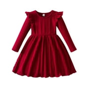 IWEMEK Long Sleeve Dress for Girls Pleated Round Neck Vintage Red Dresses Xmas Party Dress Comfy Knitted Outfit Set 3T