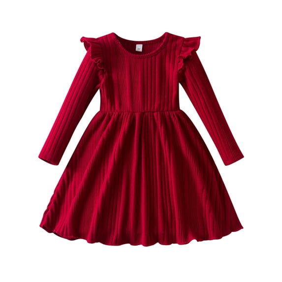 IWEMEK Long Sleeve Dress for Girls Pleated Round Neck Vintage Red Dresses Xmas Party Dress Comfy Knitted Outfit Set 3T