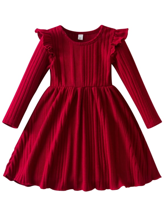 Long Sleeve Dress for Girls Pleated Round Neck Vintage Red Dresses Xmas Party Dress Comfy Knitted Outfit Set 4T