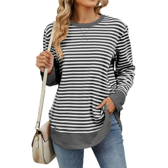 IWEMEK Long Sleeve Tops for Womens Crewneck Loose Fit Baggy Grey Fall Teeshirts Size XL