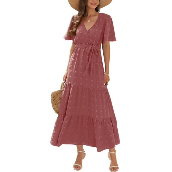 IWEMEK Maxi Dress for Womens Bohemian Summer Casual Trendy Fairy Dresses Fashion Swing Pom Pom Pink Semi Formal Outfits