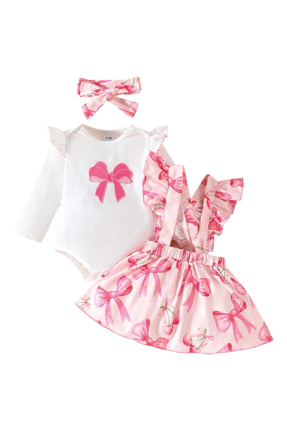 Newborn Baby Girl Clothes Ruffle Long Sleeve Romper Pink Bowknot Skirt 3 Pieces Fall Outfit Sets Size 12-18M