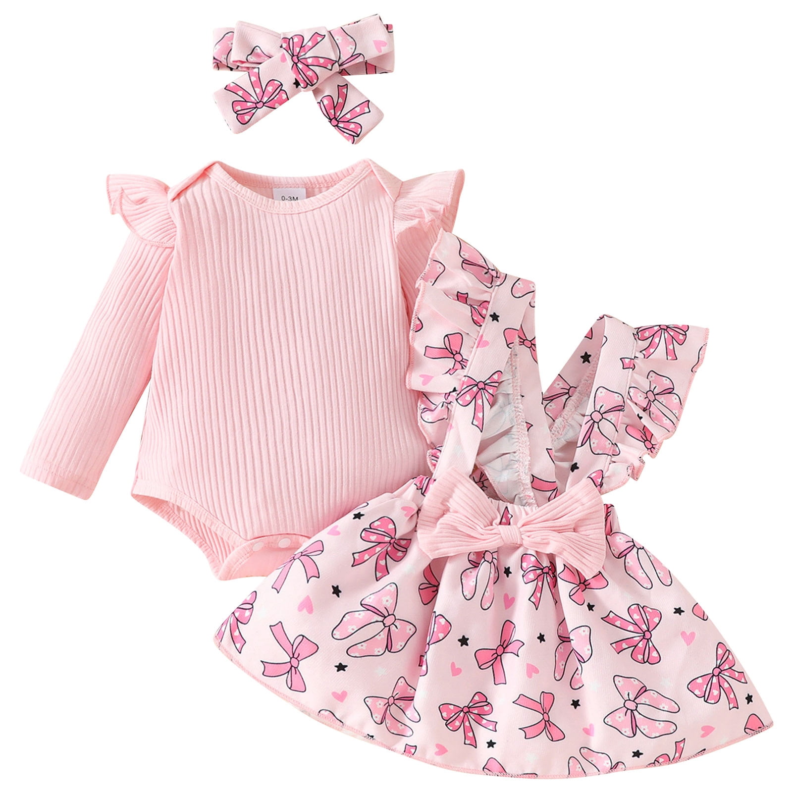 IWEMEK Newborn Baby Girl Clothes Ruffle Long Sleeve Romper Pink Bowknot Skirt 3 Pieces Fall Outfit Sets Size 12-18M