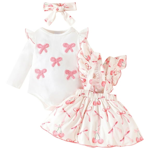 IWEMEK Newborn Baby Girl Clothes Ruffle Long Sleeve Romper Pink Bowknot Skirt 3 Pieces Fall Outfits Set Size 12-18M
