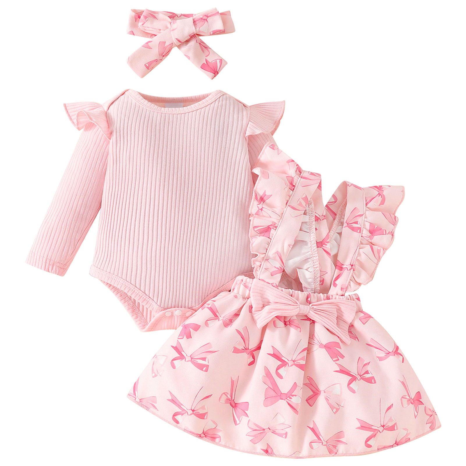 IWEMEK Newborn Baby Girl Clothes Ruffle Long Sleeve Romper Pink Bowknot Skirt 3 Pieces Fall Outfits Set Size 12-18M