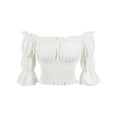 thumbnail image 1 of IWEMEK Off Shoulder Tops for Women Renaissance Smocked Waist Blouse Plain Summer Comfy White Tees, 1 of 7