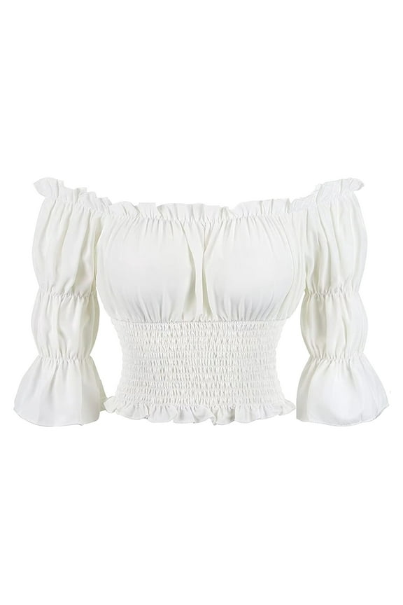 Off Shoulder Tops for Women Renaissance Smocked Waist Blouse Plain Summer Comfy White Tees