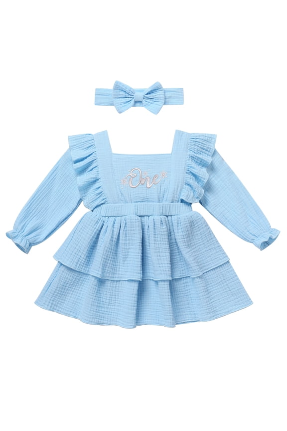 One Birthday Dresses for Infant Girl Solid Blue Cuteness Party Dress Comfort Square Neck Ruffle Sleeve Outfits