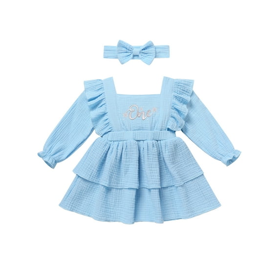 IWEMEK One Birthday Dresses for Infant Girl Solid Blue Cuteness Party Dress Comfort Square Neck Ruffle Sleeve Outfits