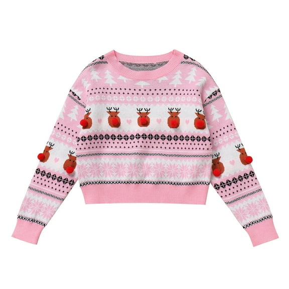 IWEMEK Pink Xmas Sweaters for Girl Reindeer Cute Knitwear Casual Trendy Round Neck Tops Going Out Softness Pullover