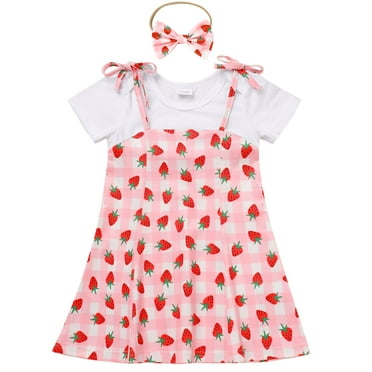 IWEMEK Short Sleeve Dresses for Little Girl Casual Crewneck Dress Strawberry Print Cute Pink Outfit Size 18-24M