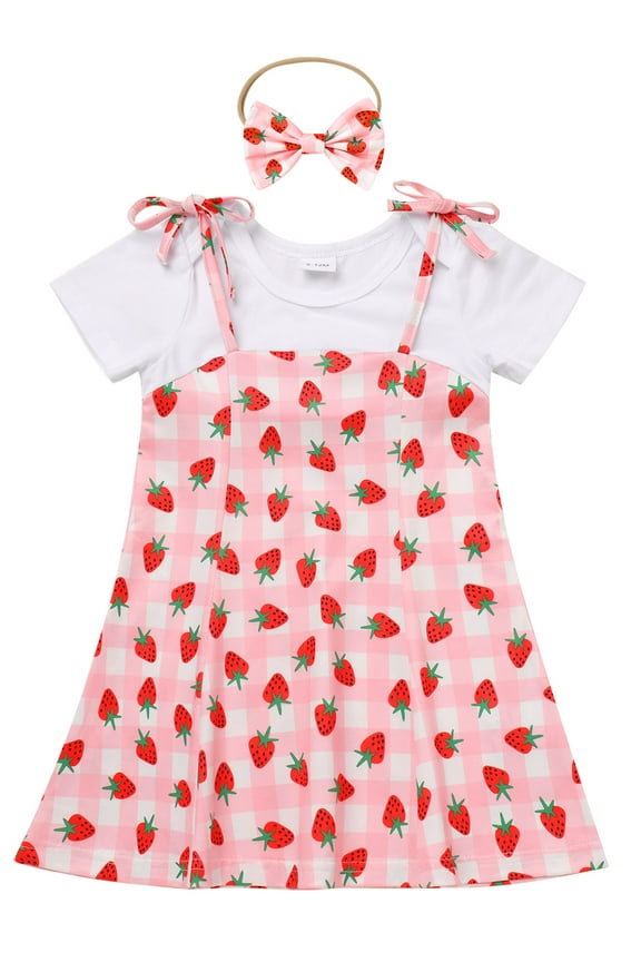 Short Sleeve Dresses for Little Girl Casual Crewneck Dress Strawberry Print Cute Pink Outfit Size 3-4Y