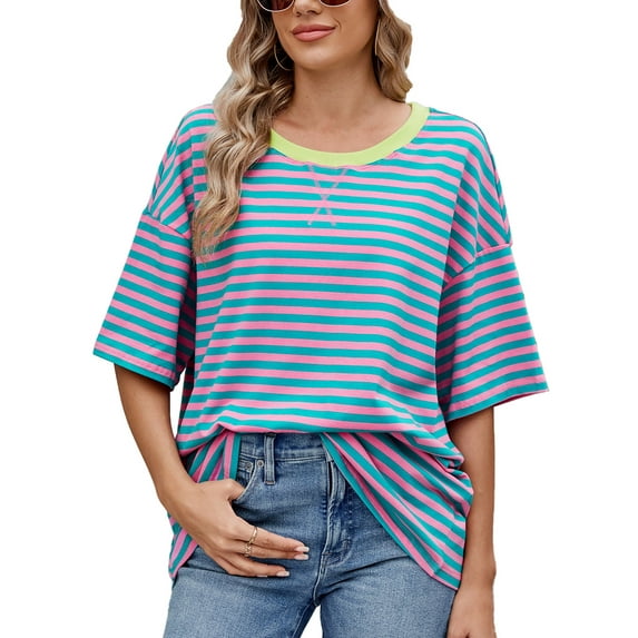 IWEMEK Short Sleeve Shirts for Women Summer Workout Tunics Tops Breathable Softness Round Neck Stripe Tees Size M