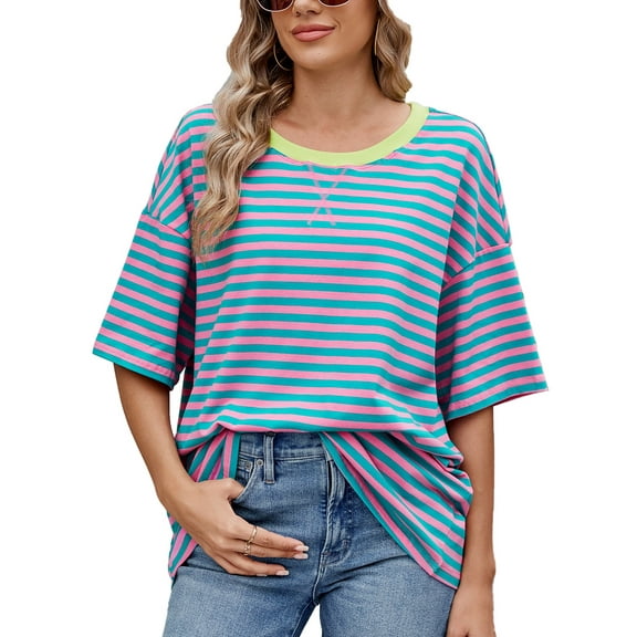 IWEMEK Short Sleeve Shirts for Women Summer Workout Tunics Tops Breathable Softness Round Neck Stripe Tees Size S