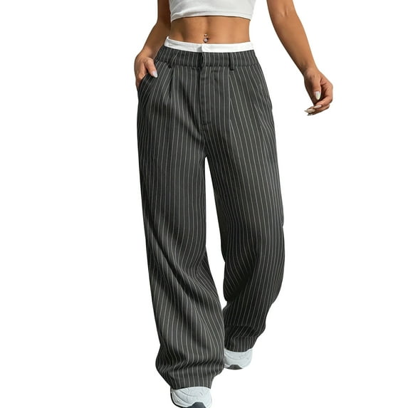 IWEMEK Striped Pants for Women Gray Business Work Palazzo Pants Color Block Cozy Dressy Trousers Size 2XL